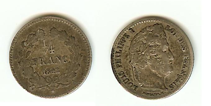 Quarter Franc Louis Philippe I 1842A Paris VF+